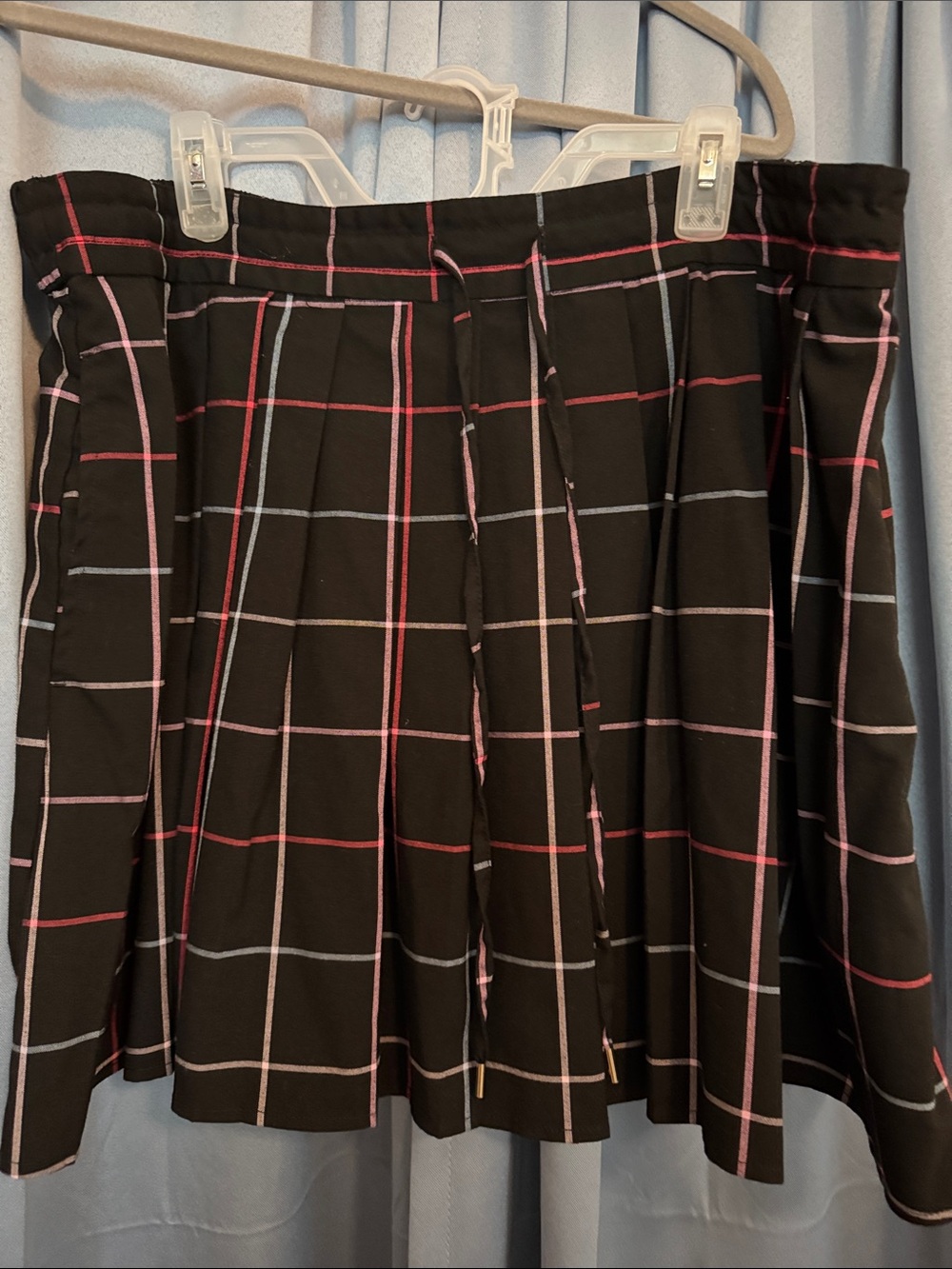 Navy Blue Plaid Pleated Skirt with Pink & Light Blue Lines